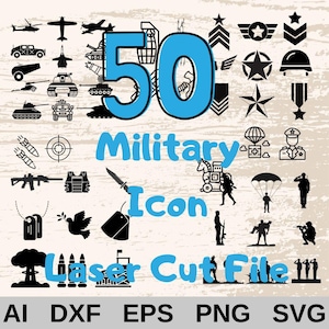 Può includere: Design grafico digitale con 50 icone militari nere, tra cui carri armati, aerei, stelle e soldati. Il testo "50 Military Icon Laser Cut File" è visualizzato in blu e bianco.