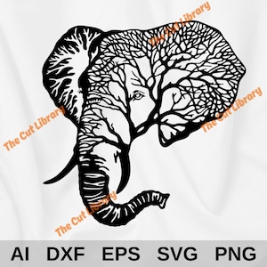 May include: Black and white silhouette of an elephant with a tree design inside its head. The elephant's trunk is curled up and the tree branches are intricate.