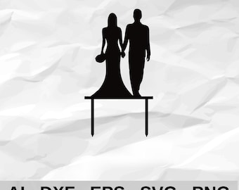 Wedding Cake Topper Bride and Groom Holding Hands Silhouette cnc laser cutting file svg dxf
