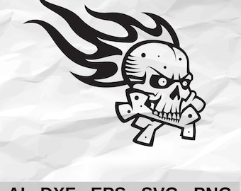 Flaming Skull SVG, Skull with Flames Vector, Biker Skull Cut File, Badass Skull Laser Engraving File, Crossbones Clipart DXF PNG