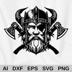 May include: Black and white illustration of a Viking warrior with a horned helmet and an eyepatch. He is holding two axes, one in each hand. The image is a vector graphic and can be used for a variety of purposes, such as t-shirts, mugs, and other merchandise.