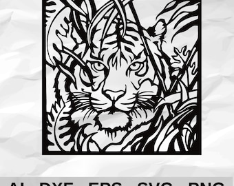Tiger Face Hidden in Jungle Leaves Square Panel Wildlife Wall Decor cnc laser cutting file svg dxf