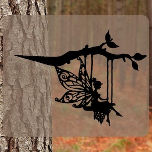 May include: Black silhouette of a fairy with wings sitting on a swing hanging from a tree branch.