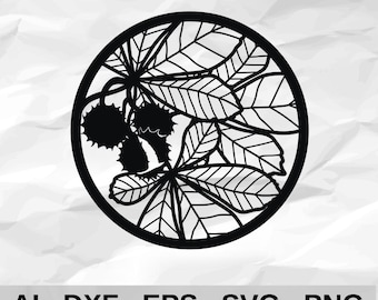 Chestnut Branch with Leaves and Nuts in Circle Frame Botanical Autumn Wall Decor cnc laser cutting file svg dxf