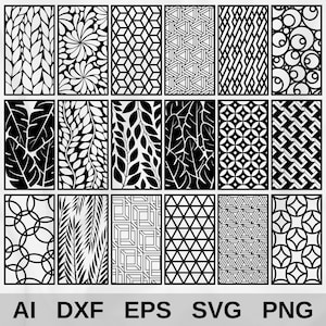 May include: A set of 18 black and white geometric patterns, perfect for laser cutting or CNC projects. The patterns include floral, leaf, geometric, and abstract designs.