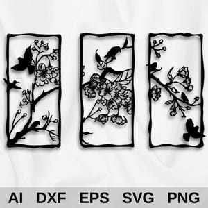 Cornice da parete con albero - File vettoriali per decorazioni da parete in metallo - Arte da parete con uccelli e fiori di ciliegio - File tagliati al laser e CNC