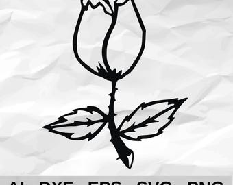 Single Rose Bud with Stem Leaves and Thorns Line Art Floral Wall Decor cnc laser cutting file svg dxf
