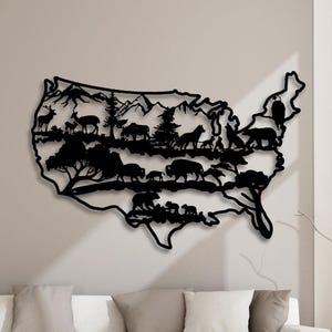 Mappa della fauna selvatica degli Stati Uniti tagliata al laser DXF, Svg, Eps, file PNG, Stati Uniti, fauna selvatica, arredamento per la casa, arte murale, file di taglio per CNC Plasma