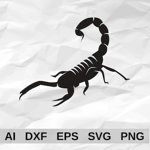 May include: A black silhouette graphic of a scorpion with a curved tail and segmented body. Below the scorpion, the text AI, DXF, EPS, SVG, PNG is displayed in a clear, bold, black font, indicating the available digital file formats for this design.