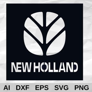 Può includere: Un quadrato nero con la scritta bianca "NEW HOLLAND" e un disegno bianco a forma di foglia. I tipi di file sono: AI, DXF, EPS, SVG e PNG.