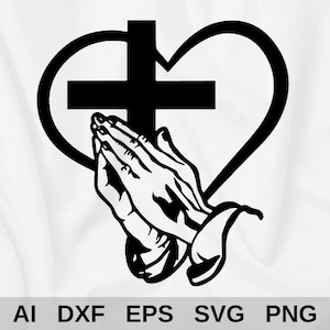 May include: Black and white silhouette of a heart with a cross inside and two hands in a praying position.