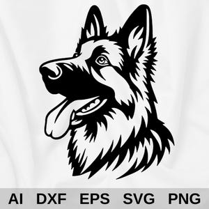 May include: Black and white silhouette of a German Shepherd dog with its tongue sticking out. The dog's head is turned to the side and its ears are perked up.