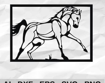 Galloping Horse in Rectangle Frame Running Stallion Equestrian Wall Decor cnc laser cutting file svg dxf