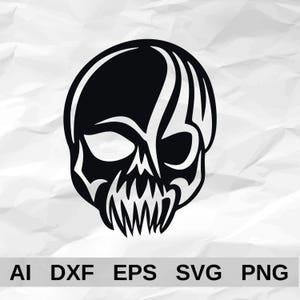 May include: A black graphic illustration of a stylized skull with sharp, pointed teeth and tribal-inspired lines. Below the skull, the text AI, DXF, EPS, SVG, and PNG is displayed in a bold, black sans-serif font on a white background.