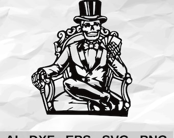 Skeleton in Top Hat and Tuxedo Sitting in Armchair Holding Cards Gothic Wall Decor cnc laser cutting file svg dxf