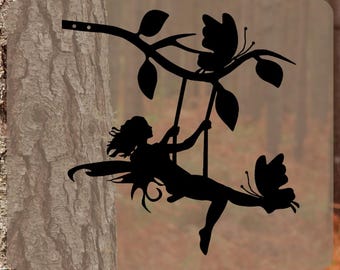 Fairy on a Swing Tree, Magical Yard Decor DXF, EPS, SVG  Png, Ai Bundle, Leather Engraving, Etching Vector file, Cnc cut
