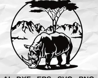 Rhino in Circle with Acacia Tree and Mountains African Safari Wall Decor cnc laser cutting file svg dxf