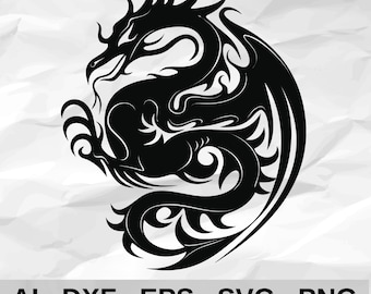 Tribal Dragon Coiled in Circle Tattoo Style Mythical Beast Wall Decor cnc laser cutting file svg dxf