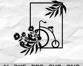 Vintage Penny Farthing Bicycle with Flowers in Rectangle Frame Floral Wall Decor cnc laser cutting file svg dxf