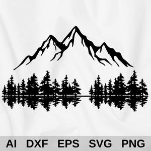 May include: Black and white silhouette of a mountain range with trees reflected in the water below.