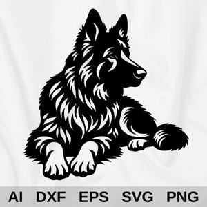 May include: Black and white silhouette of a German Shepherd dog lying down with its head turned to the side. The dog's fur is stylized with a wavy pattern.