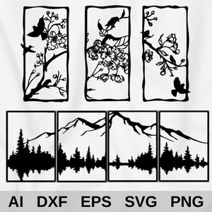 10 Nature Panels DXF for Laser, Water Jet Cutting, Tree Mountain Wall Art for cnc, Plasma, Decorative SVG Files for Cricut, DIY Home Decor
