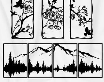 Nature Panels Laser Cut Files, Tree Mountain Wall Art (SVG DXF EPS)