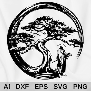 Peut inclure: Silhouette noire et blanche d'un bonsaï avec une personne debout devant. L'arbre est dans un cercle, qui est un symbole du Zen.