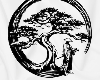 Samurai Silhouette with Tree decor DXF, EPS, Png, Ai SVG Bundle Files, Leather Engraving, Etching Vector file, Cnc cut