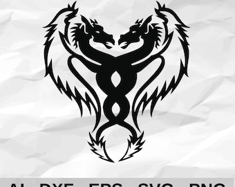 Twin Dragons Facing Each Other with Intertwined Tails Tribal Fantasy Wall Decor cnc laser cutting file svg dxf