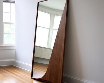 Handcrafted MDF Wooden Walnut Veneer framed asymmetrical irregular modern home decor full length mirror