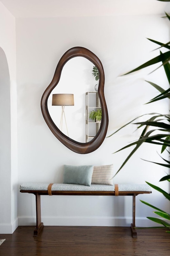 Handmade real walnut wood framed asymmetrical and irregular modern home and office decor mirror