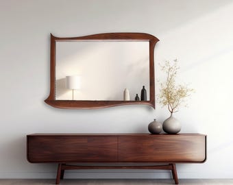 Espejo moderno para el hogar y la oficina, con marco de madera de nogal auténtica, hecho a mano, de diseño asimétrico e irregular.