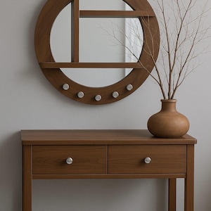 Real Walnut Wooden Frame Round Mirror,  Asymmetrical Round with shelf Mirror, Round Vanity Mirror, Round Bathroom Mirror, Home Decor Mirror