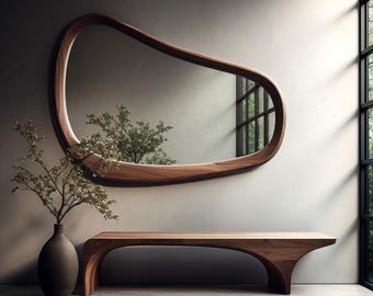 Espejo moderno para el hogar y la oficina, con marco de madera de nogal auténtica, hecho a mano, de diseño asimétrico e irregular.