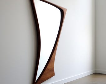 Handmade real walnut wood framed asymmetrical irregular modern home office decor full length Mirror