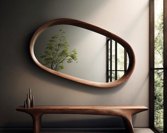 Espejo moderno para el hogar y la oficina, con marco de madera de nogal auténtica, hecho a mano, de diseño asimétrico e irregular.