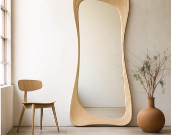 Handmade real chestnut wood framed asymmetrical irregular modern home office decor full length mirror