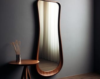 Handmade real walnut wood framed asymmetrical irregular modern home office decor full length Mirror
