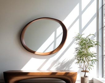 Espejo moderno para el hogar y la oficina, con marco de madera de nogal auténtica, hecho a mano, de diseño asimétrico e irregular.