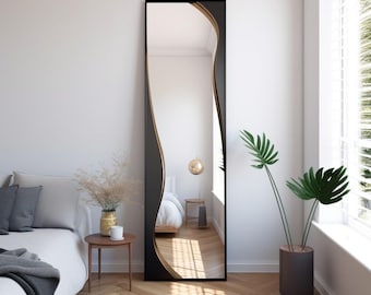 Handcrafted MDF Wooden Walnut Veneer framed asymmetrical irregular modern home decor full length mirror