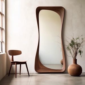 Real Walnut Wooden Frame Mirror,  Asymmetrical Mirror, Irregular Mirror,  Bathroom Mirror,Asymmetrical Full Length Mirror, Home Decor Mirror