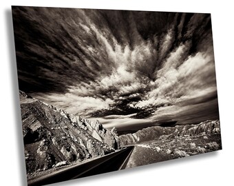 Endless Road to Nowhere - Death Valley’s Stark Beauty, Dramatic Sky & Rugged Mountains | Monochrome Desert Landscape Wall Art Print