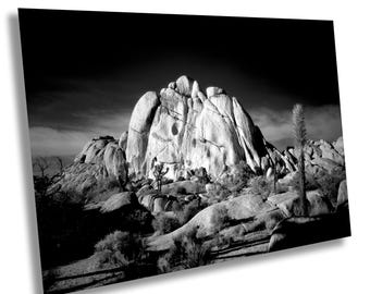 Old Woman Rock Infrared Art Print – Unique Joshua Tree Wall Decor – Desert Sentinel in Monochrome – Dramatic Daytime Light and Shadows