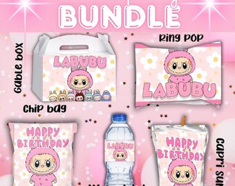 Labubu Birthday Party Bundle – Pink Daisy Theme | Non-Editable Digital Download | Printable Party Favors