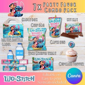 Lilo & Stitch Summer Pool Party Favor Bundle – 7x Editable Canva Templates | Instant Download | Cute Digital Party Pack | Editable in Canva