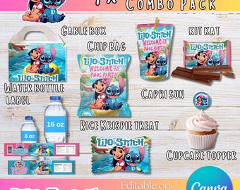 Lilo & Stitch Party Favor Templates: Summer Pool Party Pack (Canva Editable, Digital Download)