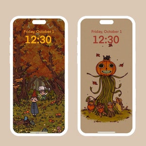 May include: Two phone screen mockups with a fall theme. The left screen shows a forest scene with a small character in a blue coat. The right screen shows a pumpkin with a face and a black cat on top. Both screens display the time 12:30 and the date Friday, October 1.