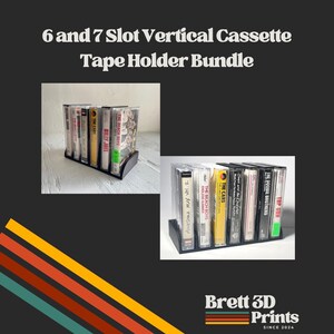 Puede incluir: Un conjunto de dos soportes verticales negros para cintas de casete con 6 y 7 ranuras respectivamente, diseñados para almacenar y exhibir casetes de música en posición vertical. Aparece el texto 6 and 7 Slot Vertical Cassette Tape Holder Bundle.