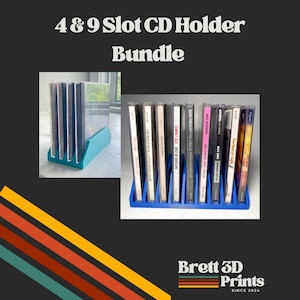 May include: A 4 and 9 slot CD holder bundle featuring two blue plastic organizers. The text 4 & 9 Slot CD Holder Bundle and Brett 3D Prints Since 2024 is displayed on a dark background with diagonal colored stripes in yellow, orange, and teal.